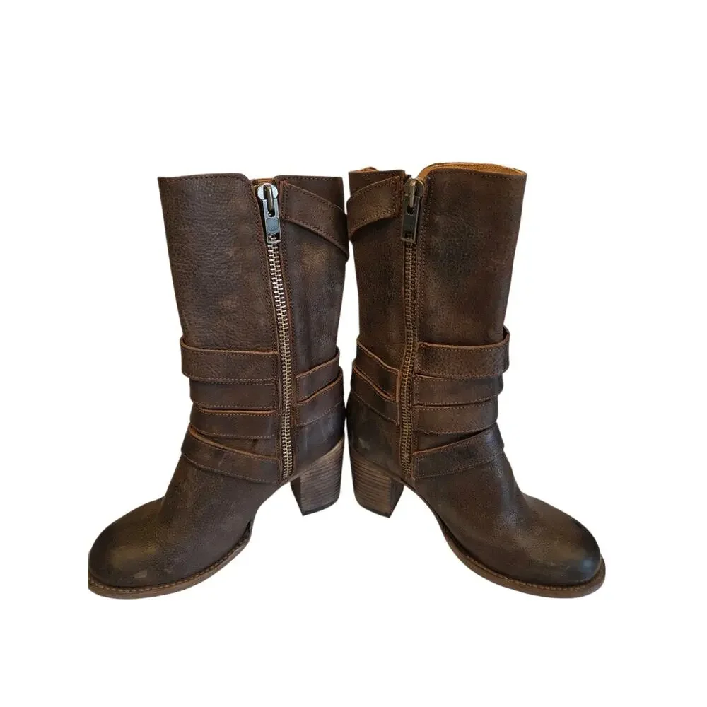 Freebird BARKER Mid-calf Brown Leather Boots, Buckle Details Side Zip, Boho | 9 - Picture 3 of 16